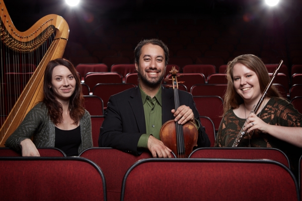 The Evergreen Trio, includes Natalie Ham, flute; Vijay Chalasani, viola, and Lauren Wessels, harp