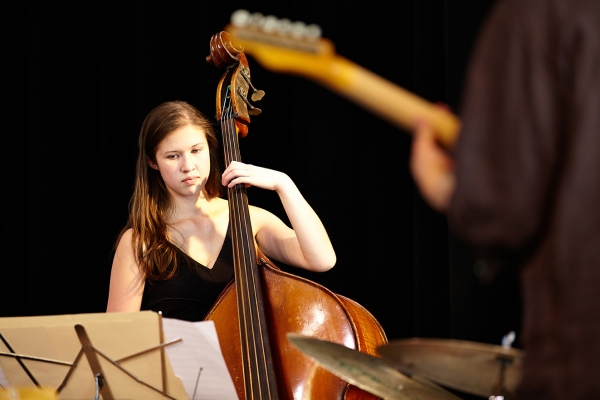 Jazz Studies major Carmen Rothwell, bass, in performance at the 2013 Improvised Music Project Festival (Photo: Steve Korn). 