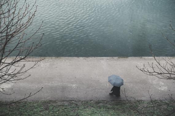 Solo figure with umbrella near shoreline