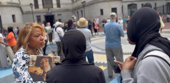 From WHYY News: Charriba Gordon honors son Stephen Hoston III at the Hearing Philadelphia event at City Hall on Saturday, March 29, 2025. (Courtesy Ryan Beppel)