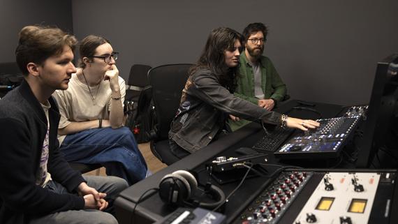 Students in "Recording Techniques," a UW School of Music course, work on a project in the Music Building's recording studio. Photo: Juan Rodriguez. 