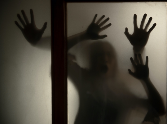 Window with shadowy handprints
