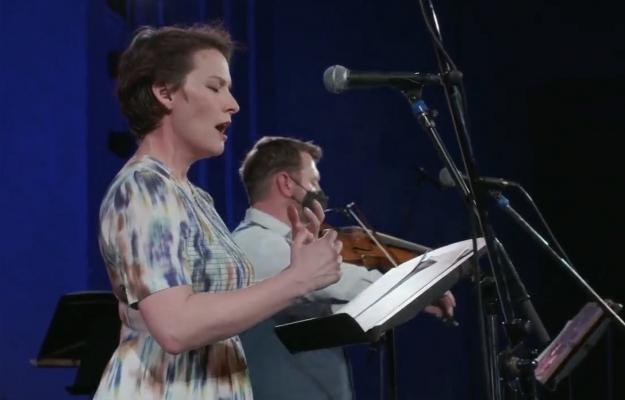 Outpost co-founders Carrie Henneman Shaw and Sam Bergman performed at the start of Monday’s livestream from the Parkway Theater (Photo: courtesy Star Tribune).