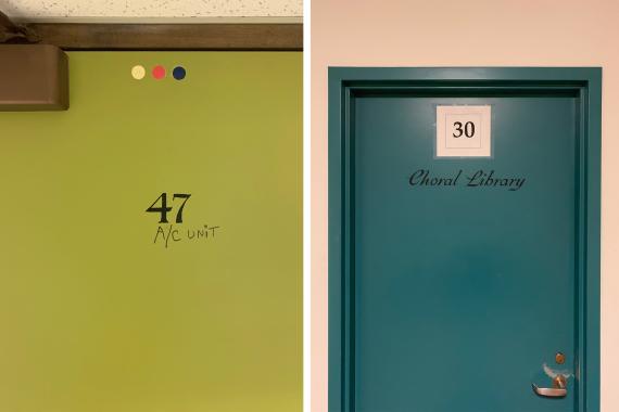 Colored doors in the Music Building basement. 