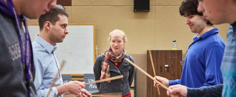 Bonnie Whiting, UW head of Percussion Studies, with students
