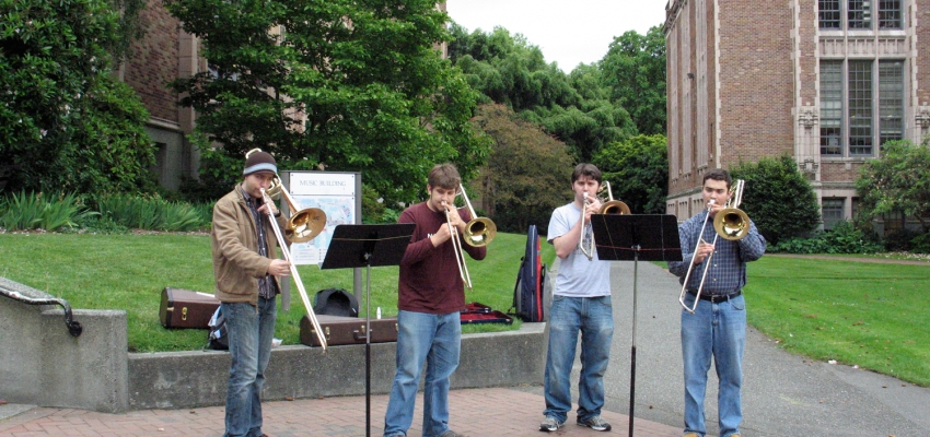 Trombone students practicing outside the Music Building.