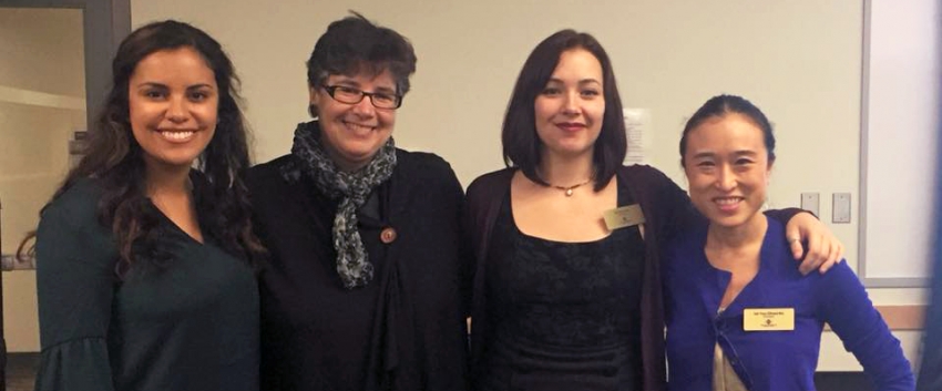 Tori Hernandez, UW President Ana Mari Cauce, Giuliana Conti and Elloise Soh-Yeun Kim at GPSS Senate meeting, January 2018 (photo via: UW GPSS)