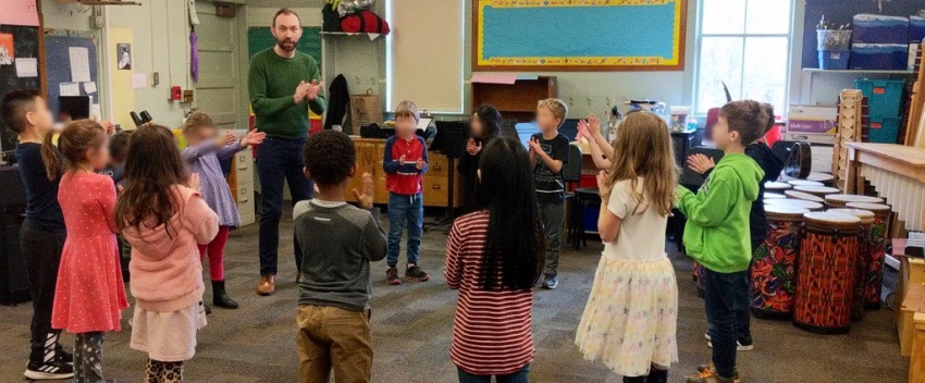  Francis Ward, a Fulbright Scholar of Music Education in 2019-20, teaches Irish dance to students at Seattle’s Laurelhurst Elementary. 