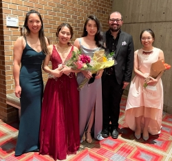 Student pianists Alice Liu, Kiwa Mizutani, Hanyan Zheng, Nicholas Tagab, and Yiyi Chen performed with Philharmonia Northwest May 31 at Meany Hall (Photo: Craig Sheppard).  