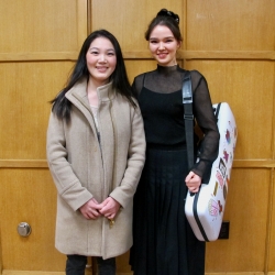 Dalma Ashby, right, was named alternate in the Strings Concerto Competition. She is a violin student of Rachel Lee Priday, left (Photo: Joanne DePue).