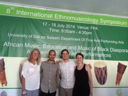 Professor Patricia Campbell with Ethnomusicology doctoral students David Aarons, Joe Kinzer, and Jocelyn Moon at the University of Dar es Salaam in Tanzania