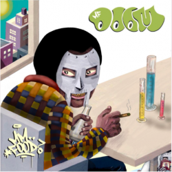 A reimagining of the cover art from MM...FOOD by MF DOOM. DOOM sits at a table with beakers before him. He smokes a blunt and wears a Cosby sweater.