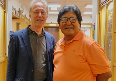 School of Music director Joël-François with Clark Tenakhongva, Hopi singer and recording artist, whose group The Öngtupqa Trio were in residency at the UW in April 2024 (Photo: Joanne DePue).