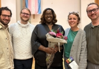 Alumna Cee Adamson (center) with School of Music alumni (left to right) Daren Weissfich, Katrina Turman, and Timothy Little Tran at STANCE choir's June concert (Photo: Joanne DePue). 