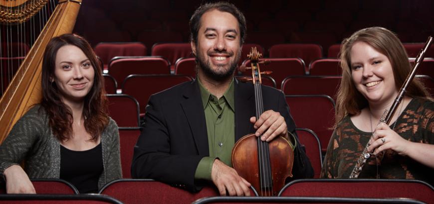 The Evergreen Trio, includes Natalie Ham, flute; Vijay Chalasani, viola, and Lauren Wessels, harp