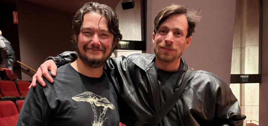 UW Composers Yiğit Kolat (faculty and alumnus) and Yonatan Ron (DMA student) following the world premiere of their new works, performed by Yarn/Wire at Meany Hall (Photo: Joanne DePue).