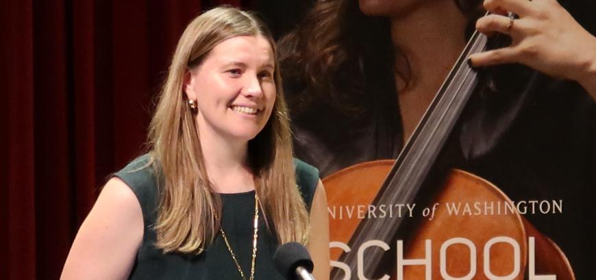Assistant Professor Anne Searcy delivered faculty remarks at the 2023 Grand Finale (Photo: Joanne DePue).