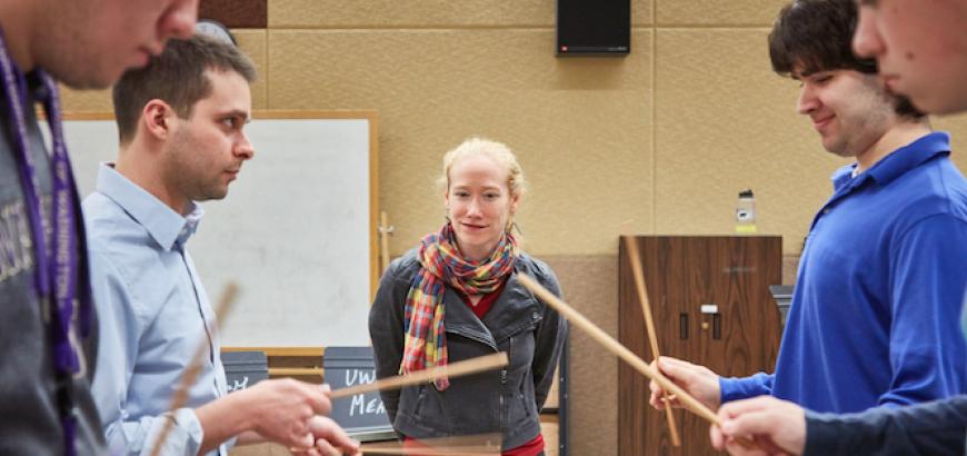 Bonnie Whiting, UW head of Percussion Studies, with students