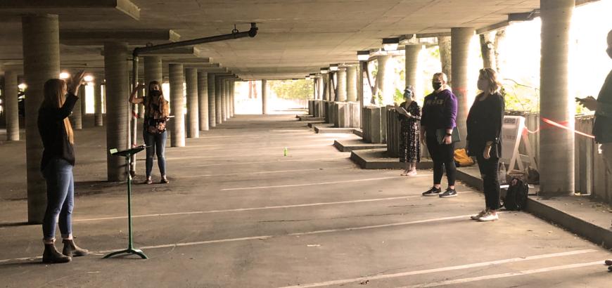 Choral octets rehearse in the Padelford parking garage (Photo: courtesy Geoffrey Boers).