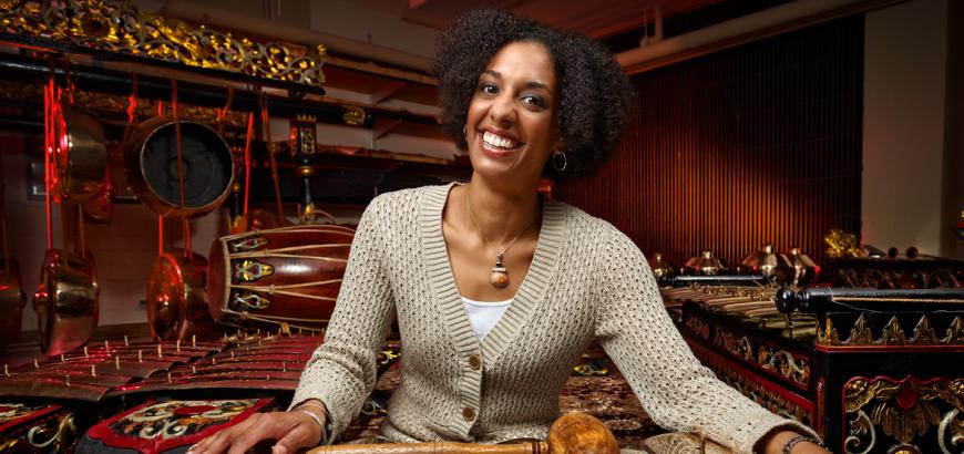 Christina Sunardi with the UW's new gamelan.