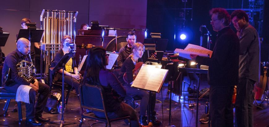 Composition professor Joel Durand confers with members of New York's Talea Ensemble