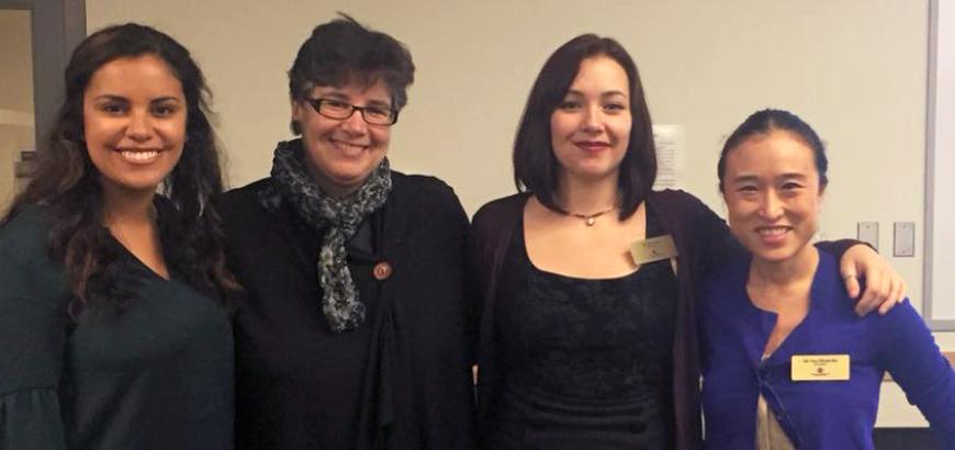 Tori Hernandez, UW President Ana Mari Cauce, Giuliana Conti and Elloise Soh-Yeun Kim at GPSS Senate meeting, January 2018 (photo via: UW GPSS)