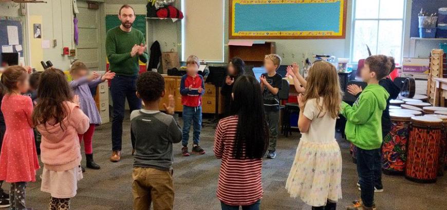 Francis Ward, a Fulbright Scholar of Music Education in 2019-20, teaches Irish dance to students at Seattle’s Laurelhurst Elementary.