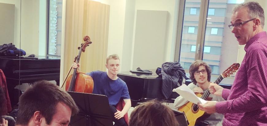 Michael Partington leads a master class masterclass at the Royal Birmingham Conservatoire (Photo courtesy Michael Partington).