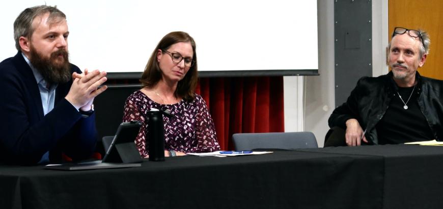 Music History Assistant Professor Frederick Reece, left, in discussion with visiting scholars  Melanie Lowe (Vanderbilt University) and James Currie (University at Buffalo – SUNY) (Photo: Joanne DePue).