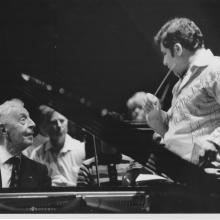 Maestro Erös conducts Arthur Rubenstein. The inscription reads: “To Maestro Erös, with thanks and admiration.--Arthur Rubenstein, San Diego, 10.31.75”