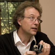 Joël Durand with his invention, the Talea, a high-end audio tonarm.