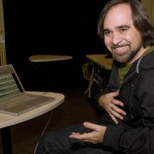 Composer Juan Pampin develops new technology in his laboratory at the Center for Digital Arts and Experimental Media to achieve his artistic ambitions (Photo: Mary Levin).