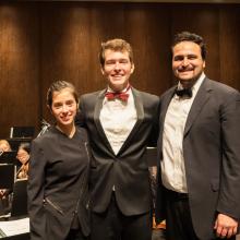 Gabriela Garza Canales (left), Lorenzo Guggenheim (center) and Mario Alejandro Torres (right). Standing on stageright before the Campus Philharmonia Winter Quarter Concert at Meany Theatre, begins. (photo: Kevin Li) UW Music Conducting Students (photo: Kevin Li, UW Daily)